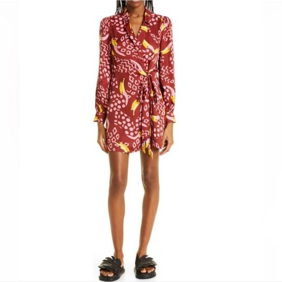 Farm Rio NWT Toucanissimo Long‎ Sleeve Print Wrap Dress Burgundy Size Medium - Picture 1 of 16